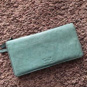 Fossil wallet teal leather floral embroidered